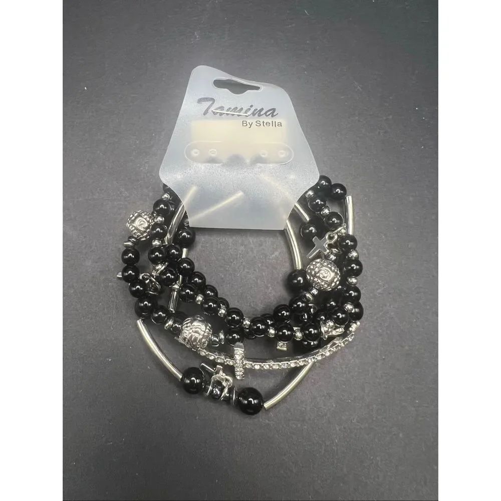 Tamina By Stella Black Bead Silver Tone Cross Rhinestone Stacking Bracelet Set